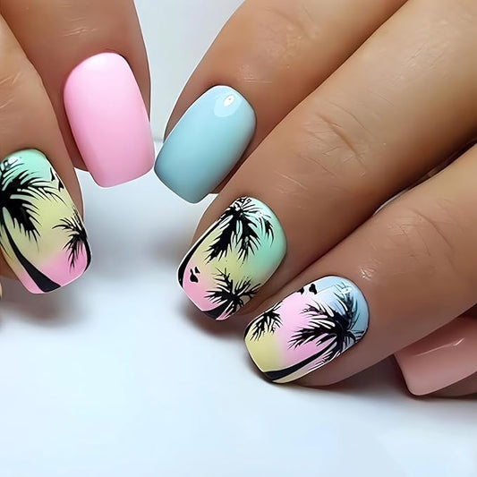 24 Pcs Summer Press on Nails Short Square Fake Nails Cute Palm Tree Designs False Nail Tips Glossy Blue Pink Acrylic Nails Full Cover Beach Glue on Nails Short Artificial Stick on Nails for Women