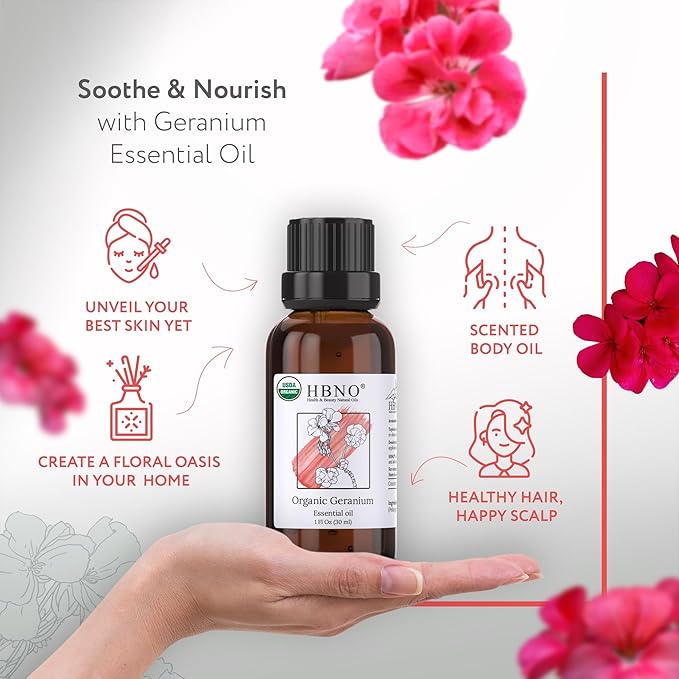 HBNO Organic Geranium Essential Oil - 1 oz (30ml) - USDA Certified Organic Geranium Essential Oil for Aromatherapy, Soap Making, DIY, Fragrances, Diffuser.-VivaGrace Women