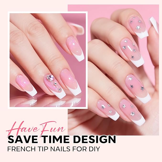 modelones French Tip Press on Nails, 150Pcs Long Square Fake Nails with Nail Box, Pink & White Gel Nail Tips for Women, Soft Glue-On Nails for Natural Salon Look, DIY Nail Art Kit (15 Sizes)-VivaGrace Women