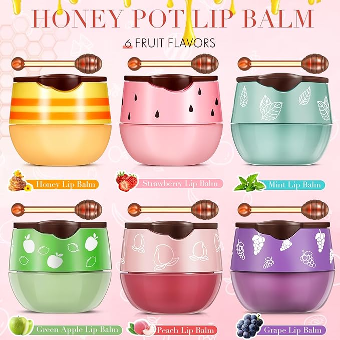 12 Pcs Bee Lip Balm Honey Pot with Brush Propolis Lip Mask Overnight, Moisturizing Hydrating Lip Sleeping Mask Prevention Dry and Cracked(Honey+Peach+Grape+Strawberry+Apple Lime+Mint)-VivaGrace Women