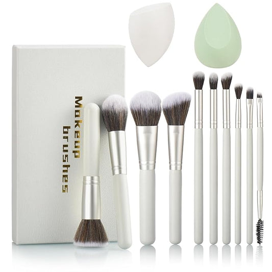Gift Ready 10 Piece grayish green Makeup Brushs Set and 2 Piece Makeup Sponge – Wooden Handle with Soft Synthetic Bristles, Concealer, Powder – (Ideal for Christmas, Birthday, Women)-VivaGrace Women