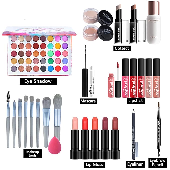 Makeup Kit for Women Full Kit, with Professional Make Up Bag Eyeshadow Red Lipstick, Powder Brush, Concealer, Glitter Lip Gloss, Waterproof Mascara, Eyebrow Pencil, Birthday Gift for Mom Sister-VivaGrace Women