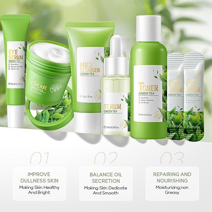 Skin Care Products Set, Green Tea Skin Care Sets, Women Gift Sets,Skin Care Routine Kit with Toner, Serum, Face Cream, Eye Cream Cleanser, Sleep Mask,Korean Beauty Products (SetD)-VivaGrace Women