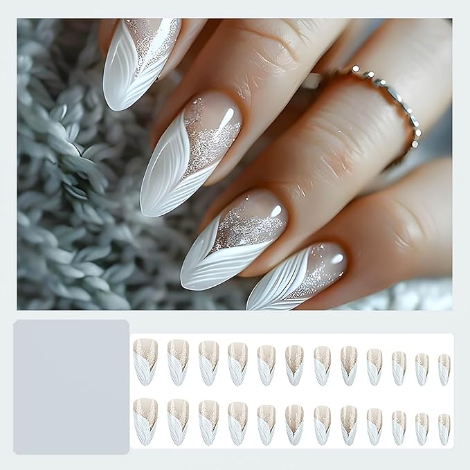 Almond Press on Nails White French Tip Fake Nails Medium False Nails with Silver Glitter Designs Almond Nail Press ons Nude Full Cover Glue on Nails Cute Stick on Nails for Women 24Pcs