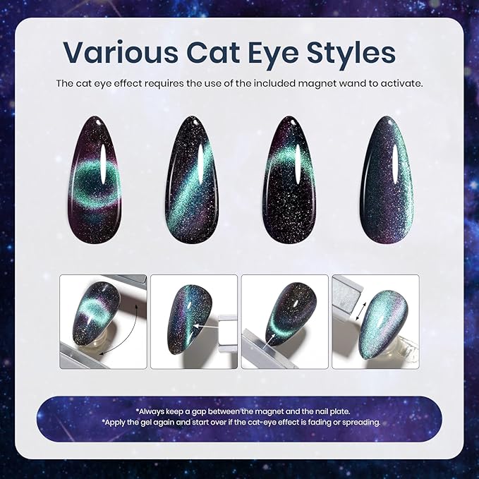 Beetles Cat Eye Gel Polish - Milky Way 6 Colors Gel Polish Set, Black Purple Blue Temperature Changing Glitter Nails, Halloween Galaxy Nails Kit with Magnet Stick Soak Off Uv Lamp Gel-VivaGrace Women