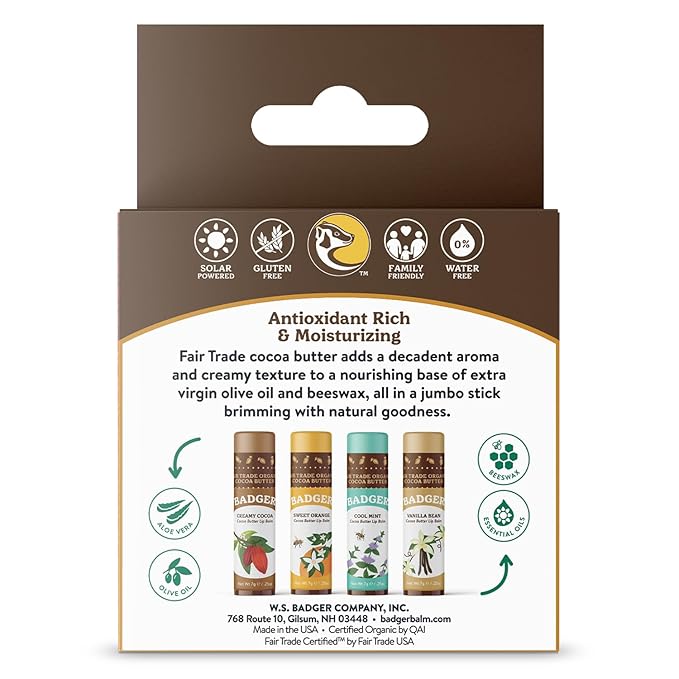 Badger - Cocoa Butter Lip Balm Set, Fair Trade, Certified Organic Lip Butter, Flavored, Cocoa, Vanilla, Orange, Mint, 0.25 oz (4 Pack)-VivaGrace Women