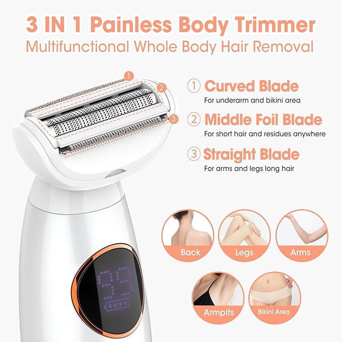 5 in 1 Bikini Trimmer for Women,IPX7 Waterproof Cordless Replaceable Pubic,Eyebrow,Facial Electric Razors&Nose Hair Trimmer&Painless Body Shaver for Arms Legs Underarms,USB Charge,LED Display,Wet&Dry-VivaGrace Women