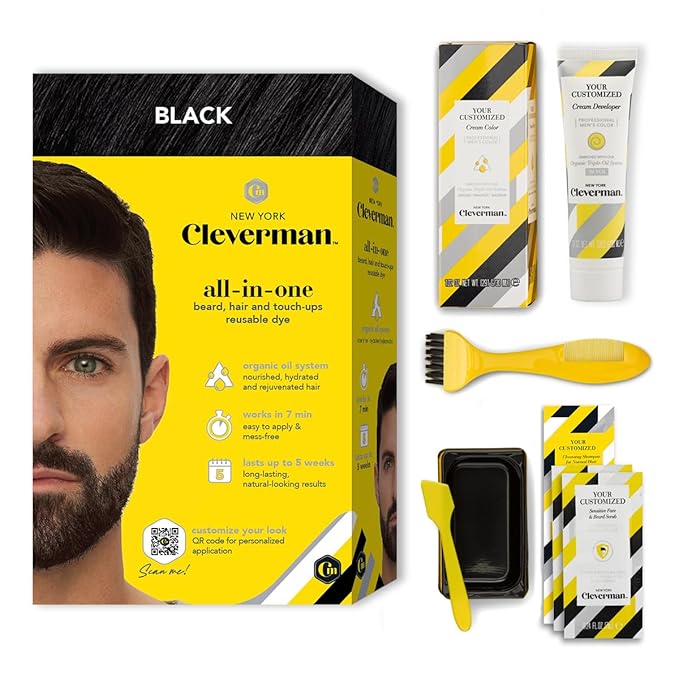 CLEVERMAN Black Hair & Beard Dye for Men, All-in-One Reusable Kit - Natural-Looking Gray Coverage, Professional-Quality, Ammonia-Free, 3.38 Fl Oz (1 Pack), Black, Suitable for Black Hair-VivaGrace Women