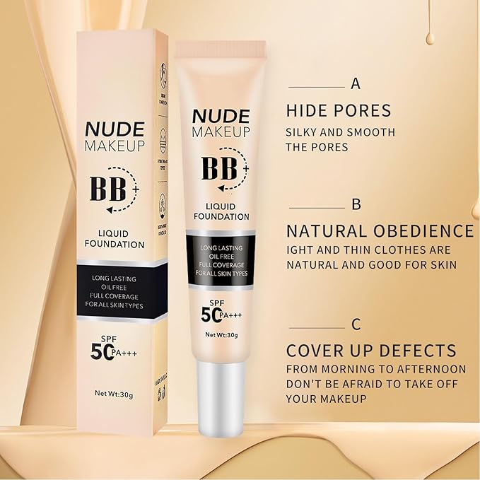 BB Cream with SPF 50, BB Cream Full Coverage, Hide Pores Blemishes, Nude Makeup Base, Even Skin Tone, Long Lasting Oil Control, Hydration BB Cream, Natural Finish for All Skin Types (Ivory)-VivaGrace Women