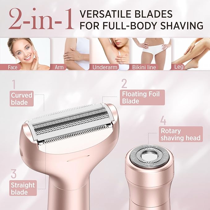 Electric Razor for Women Body: Rechargeable Painless Electric Shaver for Bikini Face Body Legs Underarms - 3-in-1 Blade and Rotary Shaving Head (Rose Gold)-VivaGrace Women
