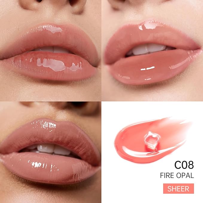 Catkin Lip Plumper Gloss, Tinted Lip Serum with Hyaluronic Acid & Jojoba Oil, Non-sticky Volumizing Hydrating Formula for a High Shine Maximum 3D Look, Plump & Soft Lips 0.12 Fl Oz - C08 Fire Opal-VivaGrace Women