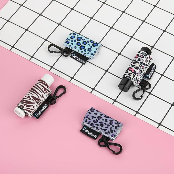 4 Pack Keychain Chapstick Holder, Leopard Pattern - Elastic Band, Fits Most Standard Lip Balm, Quick-Release Clip, Unisex-Adults-VivaGrace Women