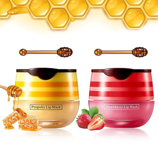 NVLEPTAP 2PCS Bee Lip Balm Honey Pot Honey & Strawberry Lip Balm Moisturizing Honey Lip Mask Lip Care Products Lip Balm with Wand-VivaGrace Women