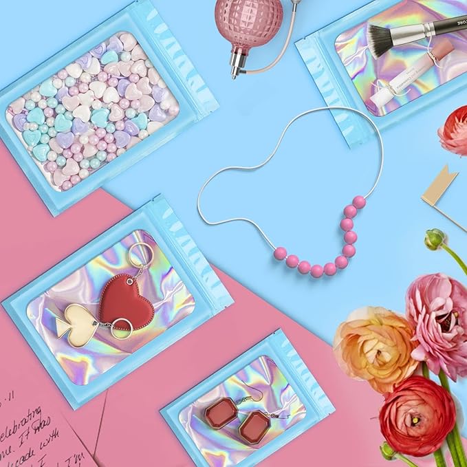 ANZNKU 100 Pack Mylar Bags Reasealable Holographic Bags, Smell Proof Bag Zipper Pouches with Clear Window, Jewelry Candy Sealable Bag for Packaging Sample Party Favor(Blue, 7.1 x 10.2 Inch)-VivaGrace Women