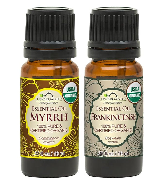 US Organic 100% Pure Myrrh, Frankincense Essential Oil Combo Pack - Directly sourced from The Horn of Africa - USDA Certified Organic - Use Topically or in Diffuser (10 ml Combo)-VivaGrace Women