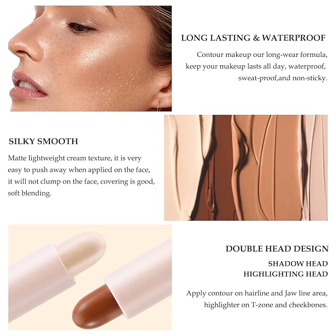 Boobeen Highlight and Contour Stick Dual-ended Contouring Cream Makeup Pencil Kit, Long Lasting & Waterproof Face Bronzer and Highlighter Makeup Stick Shadow Pen, Pack of 1-VivaGrace Women