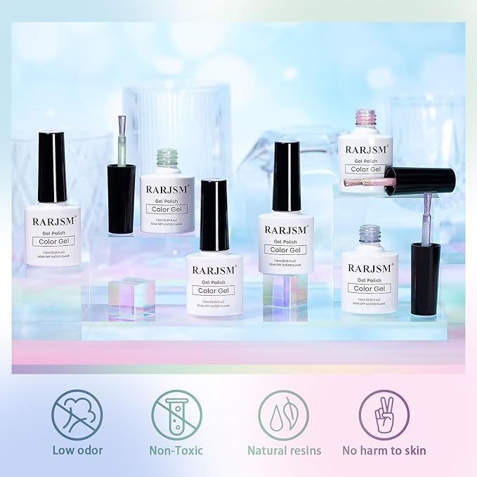 RARJSM Sparkle Diamond Pearl Cat Eye Gel Nail Polish Set 6pcs Velvet Silver Shimmer Pink Green Blue Purple White Glitter Mermaid Swirl Shell Thread Effect with Magnet Stick UV LED Curing Requires-VivaGrace Women