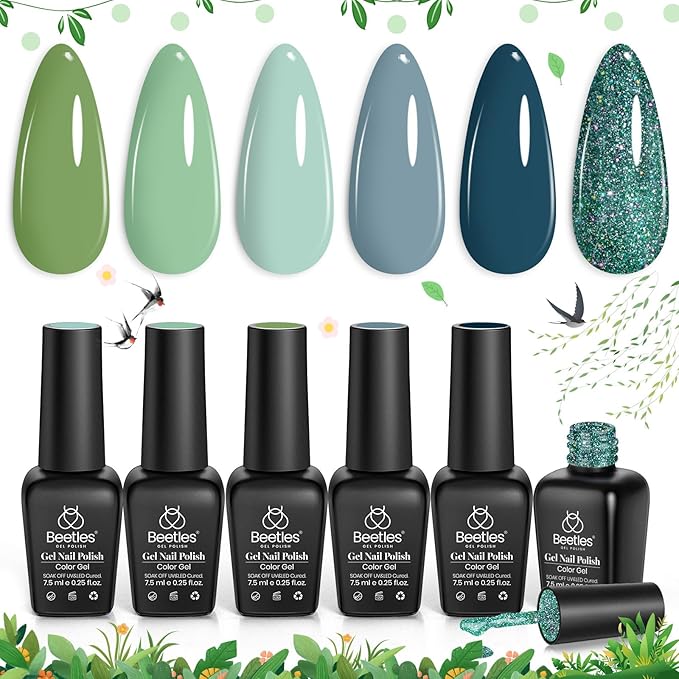 Beetles Green Gel Nail Polish Set - 6 Colors Green Gray Blue Glitter Nail Gel Polish Soak off Uv Gel Nail Art Manicure Gifts for Women-VivaGrace Women