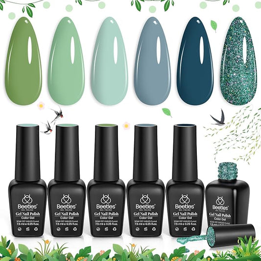 Beetles Green Gel Nail Polish Set - 6 Colors Green Gray Blue Glitter Nail Gel Polish Soak off Uv Gel Nail Art Manicure Gifts for Women-VivaGrace Women