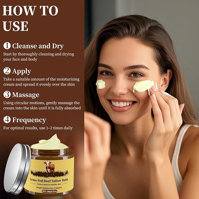 Beef Tallow for Skin, Tallow and Honey Balm, Facial Moisturizer Cream, 100% Organic Grass Fed Whipped Beef Tallow Balm Deeply Moisturizing for Face & Body, Suitable For All Skin Types(3.53oz)-VivaGrace Women