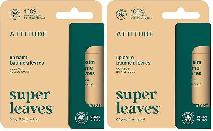 ATTITUDE Plastic-free Lip Balm, EWG Verified Plant- and Mineral-Based Ingredients, Vegan and Cruelty-free Personal Care Products, Coconut, 0.3 Oz (Pack of 2)-VivaGrace Women
