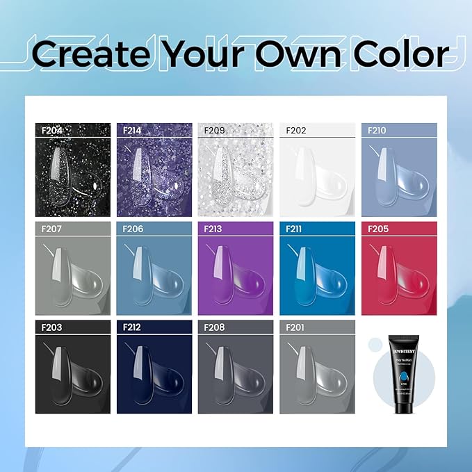 JEWHITENY Poly Nail Gel Kit 14 Colors Purple Nude Grey Black Blue Glitter Tones Starter Kit with UV Lamp Matte & Glossy Top & Base Coat All-in-One Designs DIY At Home-VivaGrace Women