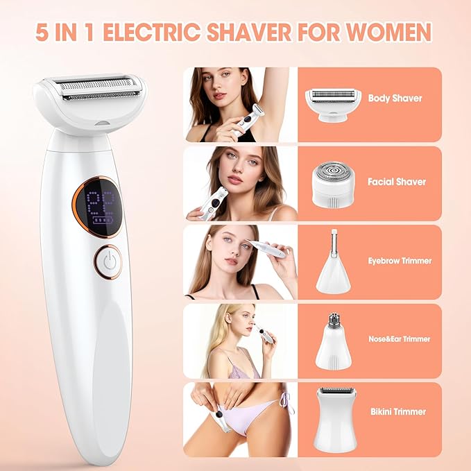 5 in 1 Bikini Trimmer for Women,IPX7 Waterproof Cordless Replaceable Pubic,Eyebrow,Facial Electric Razors&Nose Hair Trimmer&Painless Body Shaver for Arms Legs Underarms,USB Charge,LED Display,Wet&Dry-VivaGrace Women