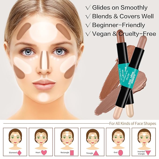 Contour Stick, 2Pcs Dual-Ended Highlighter Makeup Pen & Contouring Stick for Face Shaping, Long Lasting Waterproof Cream Bronzer & Highlight Sticks Make Up Kit for All Skin Tones (01# + 02#)-VivaGrace Women