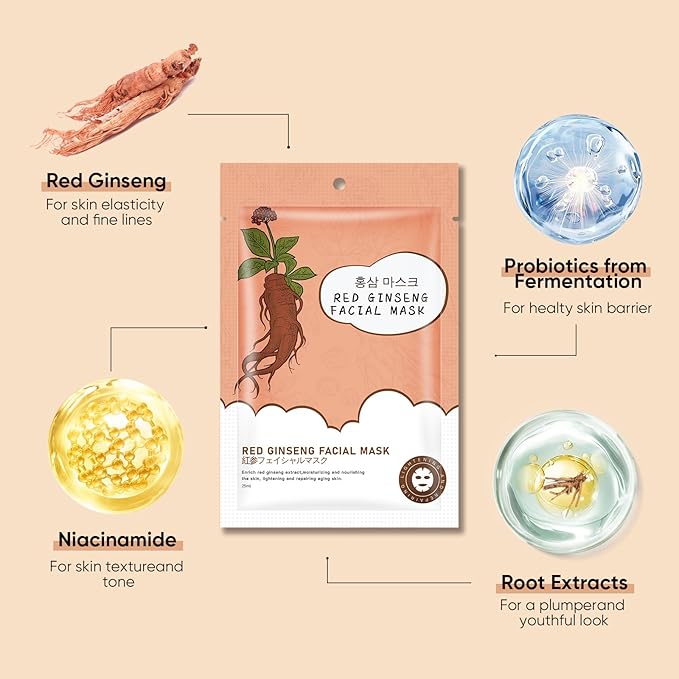 10Pack Sheet Face Masks Skincare for All Skin Types, Moisturizing Hydrating Face Masks Suitable for Sensitive Skin, Red Ginseng Face Masks for Wrinkles, Fine-Lines, Firmness and Elasticity-VivaGrace Women