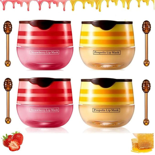 Bee Lip Balm Honey Pot, 4 Pcs Strawberry & Honey Lip Masks Hydrating Prevention Dry and Cracked Lip Scrubs Exfoliator (2 x Strawberry & 2 x Honey)-VivaGrace Women