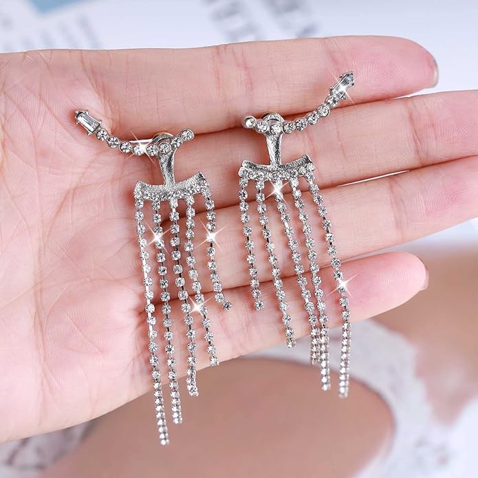 Vintage Rhinestone Chandelier Drop Earrings Crystal Ear Climber Earrings Long Tennis Chain Earrings Silver Cz Tennis Chain Tassel Earrings Jewelry for Women-VivaGrace Women
