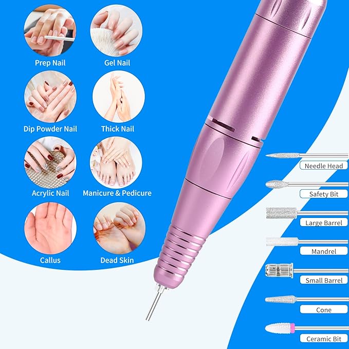 Portable Nail Drill Professional 35000 RPM, MOCOWIND Rechargeable Electric Nail File Machine for Acrylic Nails Gel Polishing Removing, Cordless E-File with Bits for Manicure Salon Home, Blue & Purple-VivaGrace Women