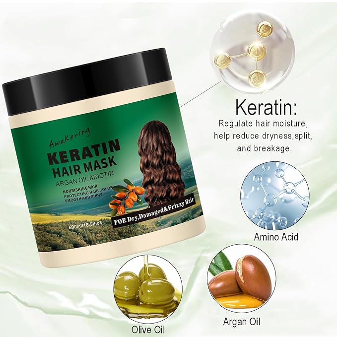 Hair Mask Deep Treatment Conditioner Collagen Protein Argan Oil Biotin Repair For Dry Damaged Frizzy Curly All Hair Types(16.9 Fl Oz/500ml) (keratin)-VivaGrace Women