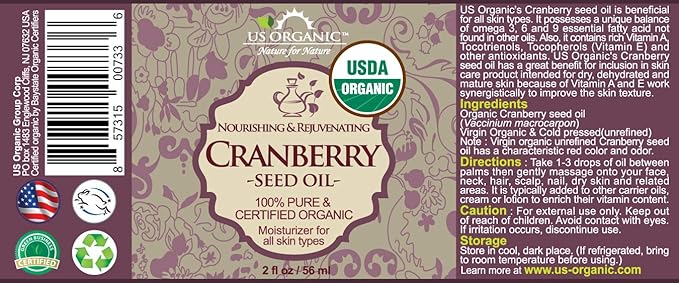 US Organic Cranberry Seed Oil, USDA Certified Organic,100% Pure & Natural, Cold Pressed Virgin, Unrefined in Amber Glass Bottle w/Glass Eyedropper for Easy Application (2 oz (56 ml))-VivaGrace Women