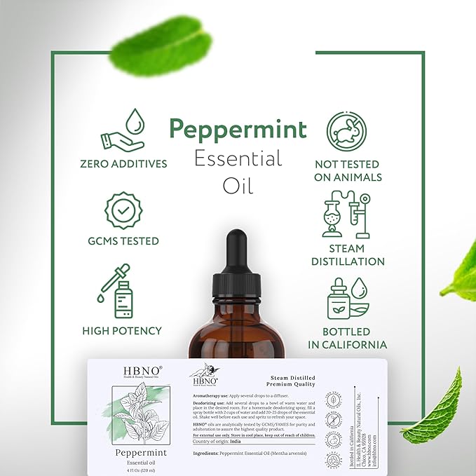HBNO California Bottled Peppermint Essential Oil 4 fl oz (120ml) - Premium Grade Natural Peppermint Oil for Hair, Skin & Scalp Care - Ideal for Masage, Diffusers & Aromatherapy - with Glass Dropper-VivaGrace Women