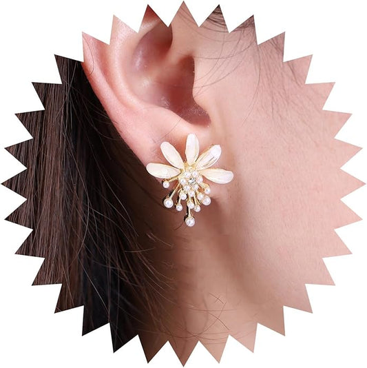 Vintage Flower Pearl Earrings Tiny Pearl Drop Earrings Enamel Flower Stud Earrings Gold Cluster Pearl Earrings Jewelry for Women-VivaGrace Women
