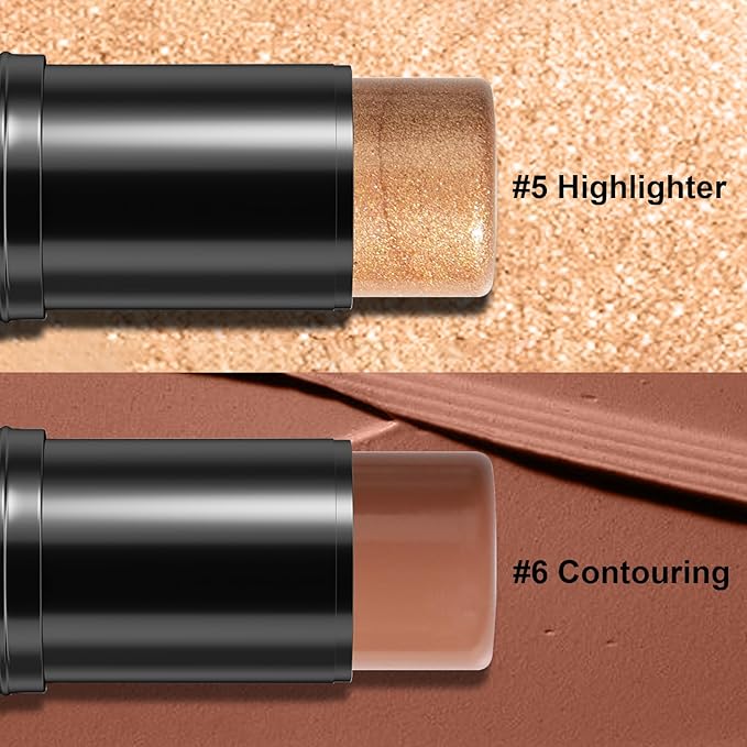 2Pcs Cream Contour Stick Makeup Kit, Cream Highlighter Stick and Bronzer Contour Stick with Longwear Waterproof Formula for Brightening and Trimming the Cheeks, Makeup Brush Include (#05, 06)-VivaGrace Women