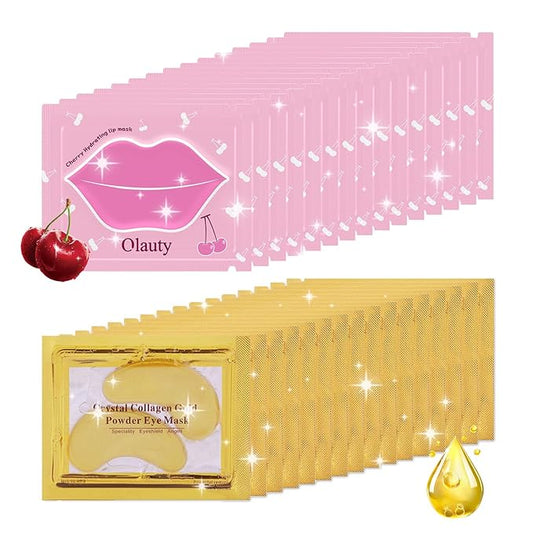 30 Pairs Lip Mask & Eye Mask, 24K Gold Gel Crystal Collagen Eye Pads for Puffy Eyes, Effectively Moisturizing the Lip & Eye Skin, Under Eye Patches for Dark Circles, Eye Bags, Wrinkles and Fine Lines-VivaGrace Women