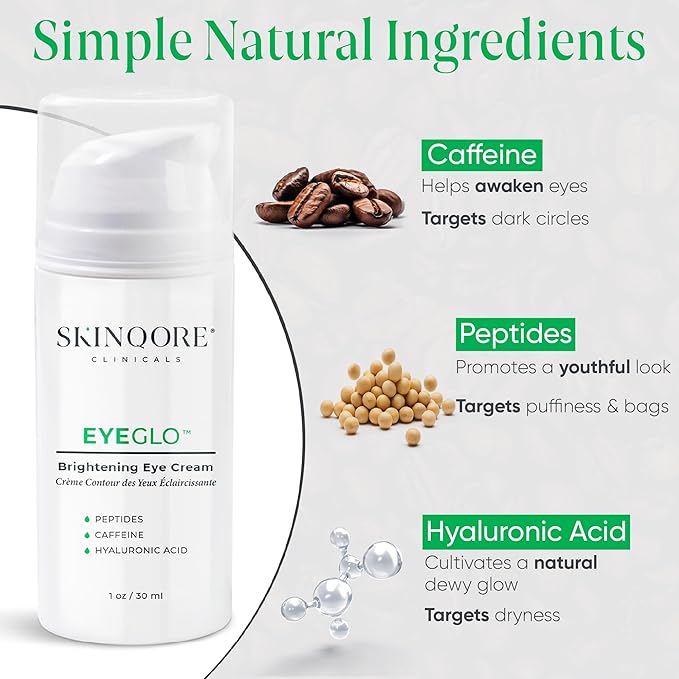 EyeGLO Caffeine Eye Cream for Dark Circles, Eye Bags, and Puffiness | Under Eye Treatment for Women with Peptides, Antioxidants, Hyaluronic Acid | Natural Brightening Eye Cream - 1 Oz-VivaGrace Women