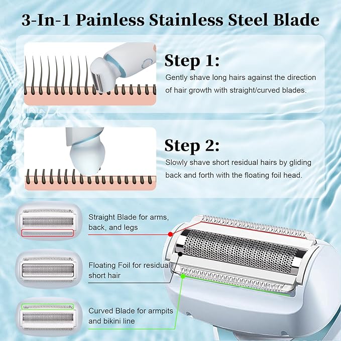 Electric Shaver Razors for Women 2-IN-1 Electric Razor for Womens Legs Underarm Face Pubic Hairs,Wet Dry Use Rechargeable Bikini Trimmer Hair Removal with Detachable Head,Painless IPX7 Waterproof Blue-VivaGrace Women