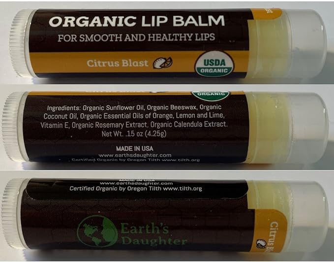 USDA Organic Lip Balm 4-Pack by Earth's Daughter - Citrus Flavor, Beeswax, Coconut Oil, Vitamin E - Best Lip Repair Chapstick for Dry Cracked Lips.-VivaGrace Women