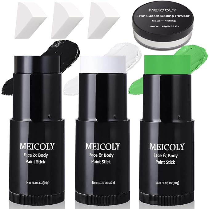 MEICOLY 7Pcs Black White Green Face Body Paint Stick Set with Setting Powder and Sponges,Clown Black White Face Paint,Green Body Paint for Halloween SFX Cosplay Makeup,Waterproof-VivaGrace Women