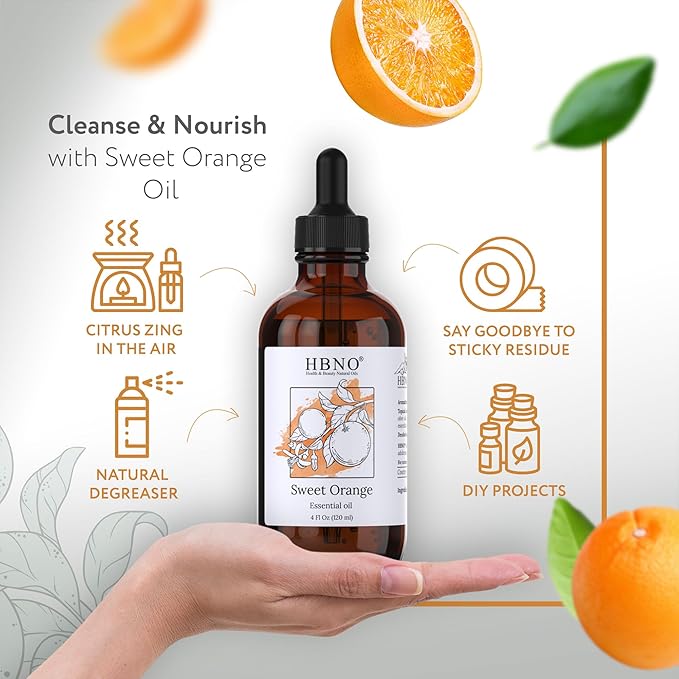 HBNO California Bottled Orange Essential Oil 4 fl oz (120ml) Value Size - Natural Orange Oil, Cold Pressed - Perfect for Cleaning, Aromatherapy, DIY, Soap & Diffuser-VivaGrace Women