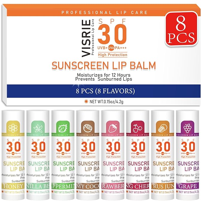 SPF 30 Lip Balm with Sunscreen 8 Pack, Bulk Sunscreen Lip Balm Travel Size, Hydrating Lip Balm with Vitamin E and Coconut Oil- 8 Flavors-VivaGrace Women