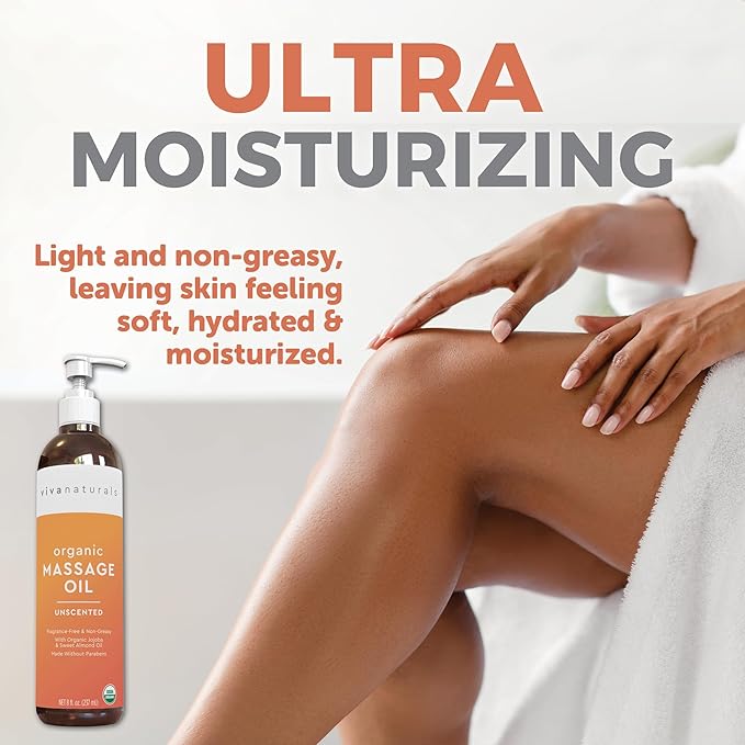 Viva Naturals Organic Massage Oil Unscented (8 fl. oz.) - Non-Greasy Body Oil with Mess-Free Pump, Moisturizing Massage Oils for Massage Therapy, Non-GMO and Certified Organic, 237 mL-VivaGrace Women
