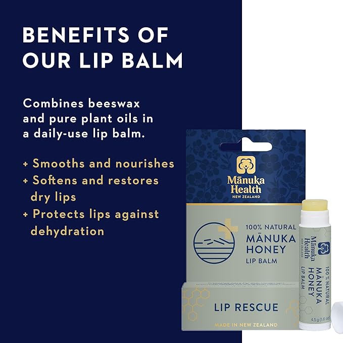 Manuka Health Lip Rescue - 0.16 oz Lip Balm for Dry Cracked Lips - 100% Natural Lip Balm with MGO 250+ Manuka Honey and Beeswax Provides Potent Lip Care-VivaGrace Women