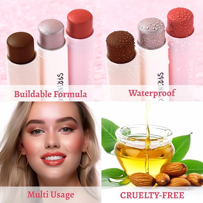 3Pcs Multi-Use Face Makeup Sticks Sets, Blendable Cream Blush Stick For Cheeks Lips, Highlighter Contour Shading Sticks Moisturizer Make Up Sets For Women (02)-VivaGrace Women