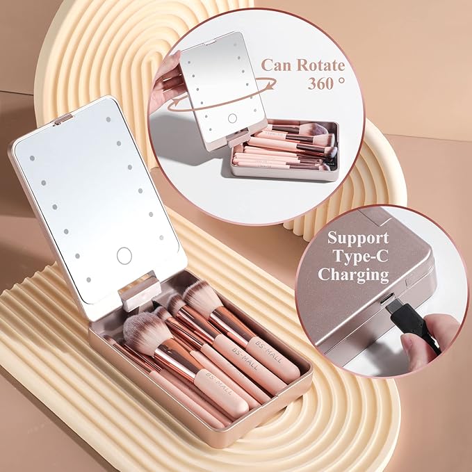 BS-MALL Makeup Brushes Foundation Powder Concealers Eye Shadows Makeup Set with LED light Mirror 14 Pcs Mini Makeup Brushes (APINK)-VivaGrace Women