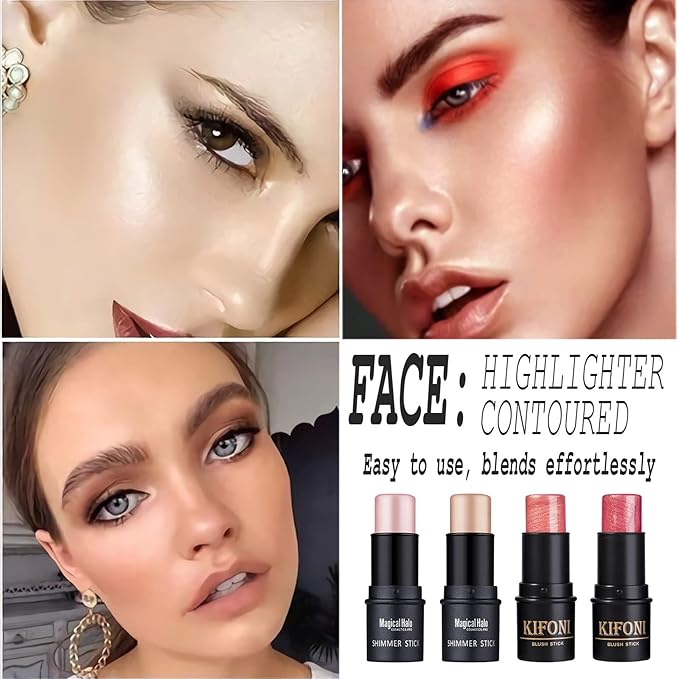 4 Pcs Cruelty-Free Waterproof Highlighter Makeup Sticks Shimmer Illuminator and Blush Stick Face Contour Cosmetics Set Easy To Use Blends Effortlessly-VivaGrace Women