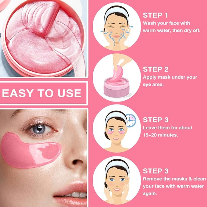 60pcs Under Eye Mask, Pink Collagen Under Eye Patches for Puffy Eyes & Dark Circles Treatments, Reduce Under Eye Bags Smooth Wrinkles, Lighthen Fine Lines, Moisturizing Under Eye Masks-VivaGrace Women